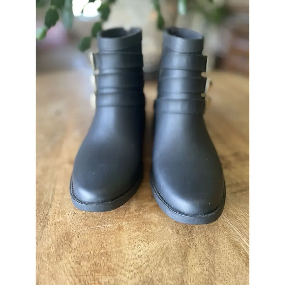 Loeffler Randall Black Rubber Rain Boots Gold Buckle Ankle Size 5